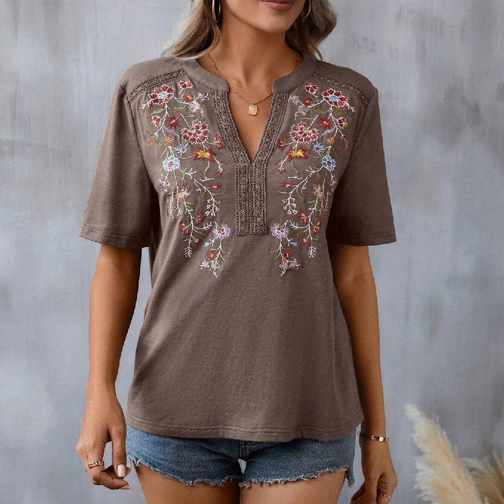 

Летние футболки с коротким рукавом женские кружевная вышивка V-образный вырез повседневные футболки топы XXL хаки