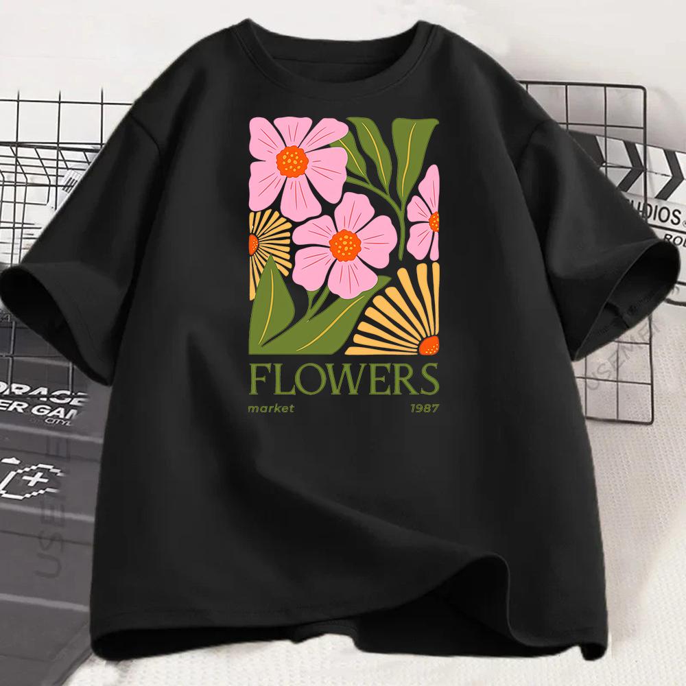 Flower Print Unisex Crew Neck Short Sleeve Unisexs Graphic Tshirt Stylish Comfortable Casual Unisex Top Trendy T Shirt Unisex