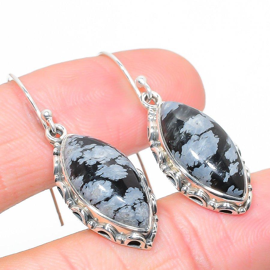 Natural Snowflake Obsidian Gemstone 925 Solid Sterling Silver Earring 1.50" J9F82