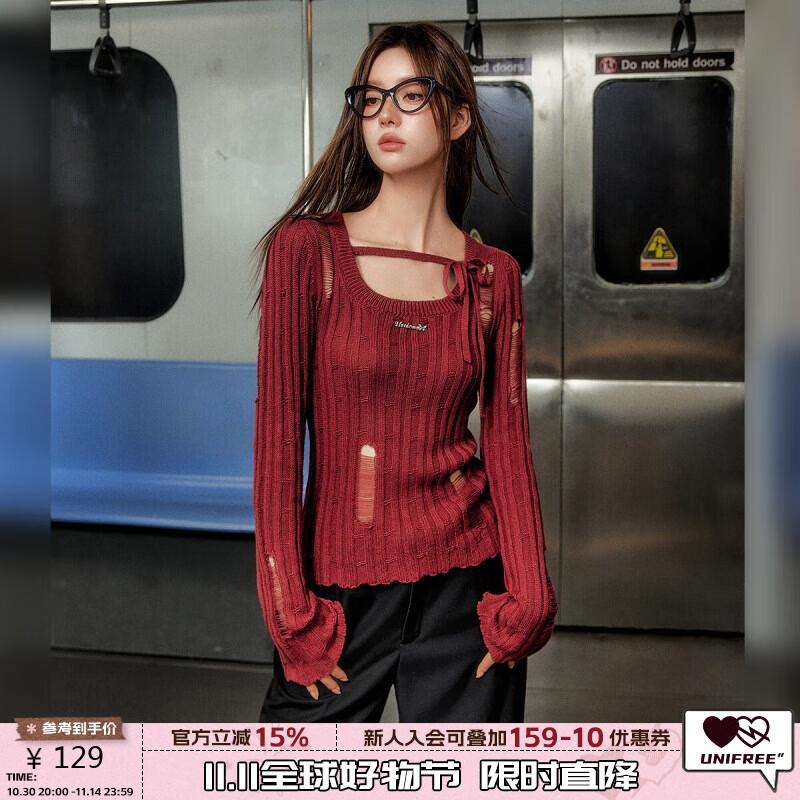 

UNIFREE Women s American Retro Distressed Hollow Out Knit Sweater M