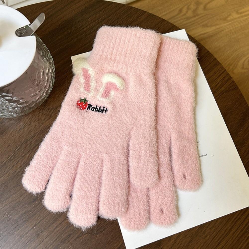 21cm x 8cm Strawberry Rabbit Winter Warm Gloves Embroidered Nylon Knitted Gloves Sdudent