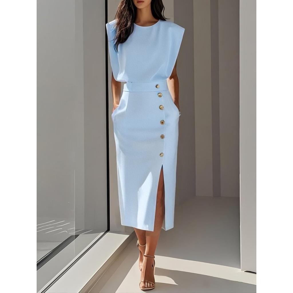 Women's  Solid Color Long Sleeves Elegant Midi Dress with Button Details and Side Slit - Crew Neck