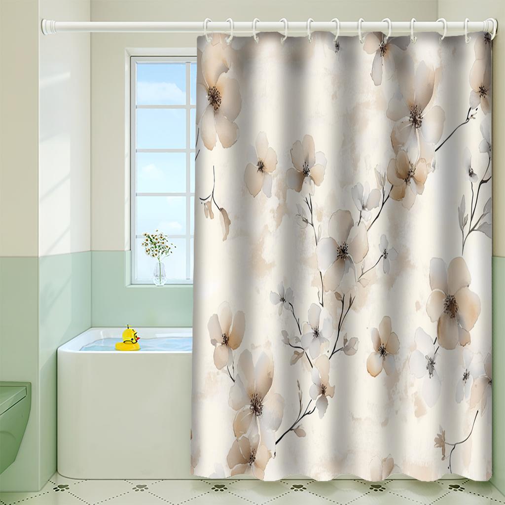 1Pc High Quality Floral Watercolor Shower Curtain - Beige And Honey Wheat Yellow Forest Theme, Machine Washable With Hooks
