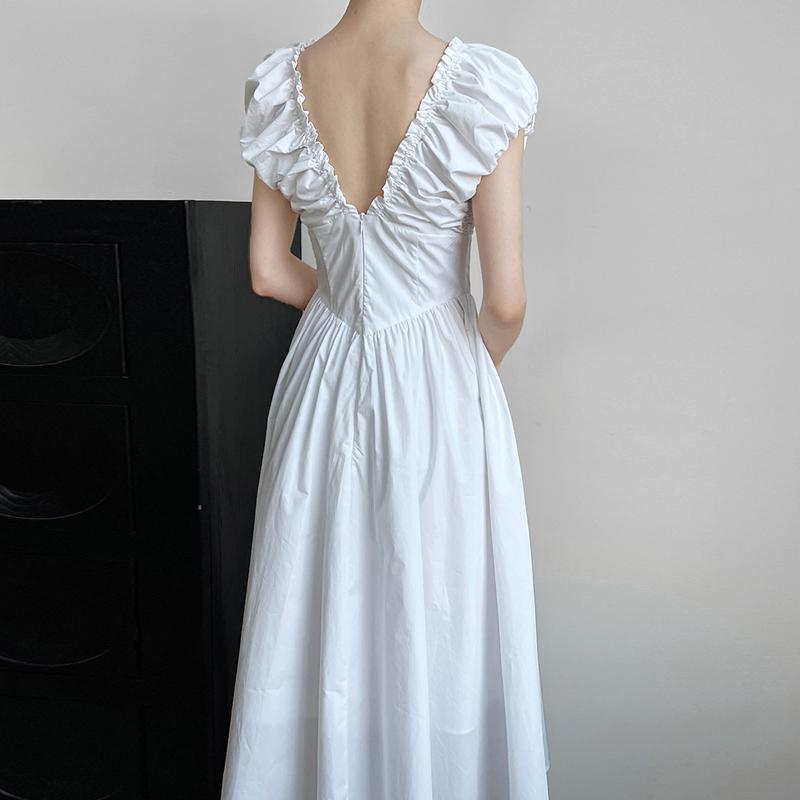 Johnature Summer French Waist Open Back V-Neck Dresses Women Simple Casual Sleeveless Pleated Long Dress