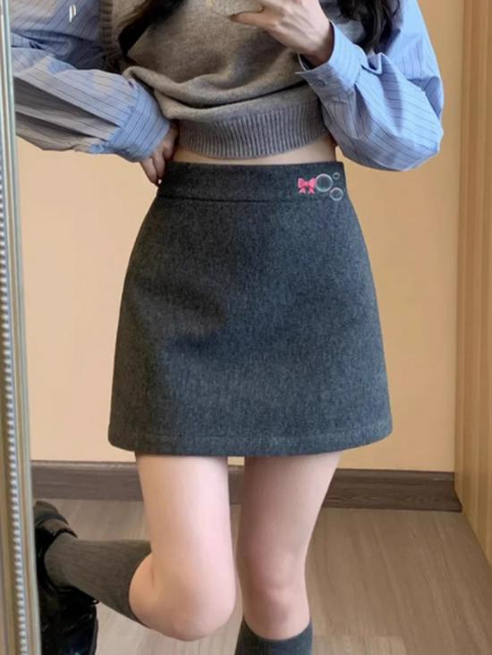 Girls' High-Waist Woolen A-Line Skirt - Casual Slimming Hip-Hugging Short Skirt for Autumn/Winter