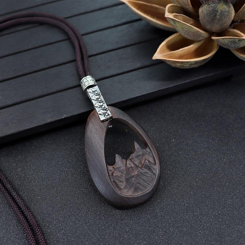 Retro Literary and Artistic Long Ebony Necklace Wooden Pendant Women's Simple Zen Sweater Chain Cotton and Linen Accessories