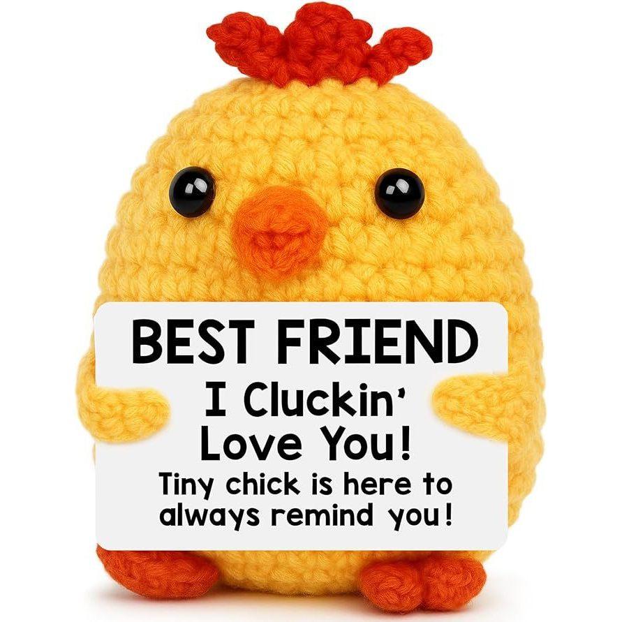 

Yellow Chick Positive Crochet Animals Doll With Card Desktop Ornament Emotional Support Handmade Knitted Cheer Up Toy
