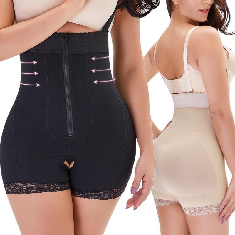 Adjustable Strap Front Zipper Lace Hem Tummy Control Hip Enhancer Shapewear Bodysuit