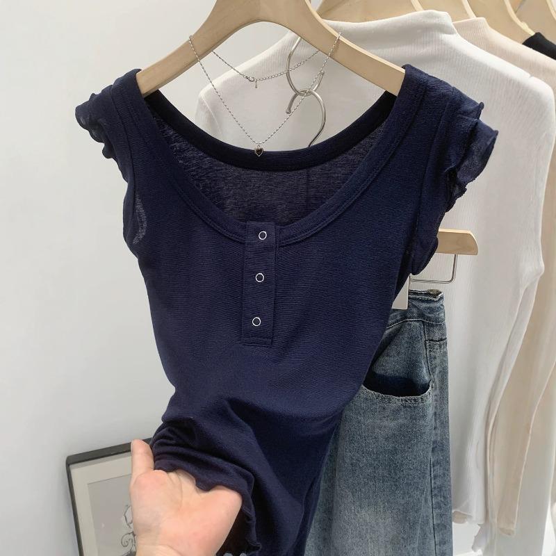Dopamine Pink Crew Neck Small Fly Sleeve Short Sleeve T-Shirt Women's Summer New Korean Design Slim Skinny Top