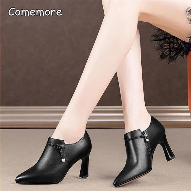Fashion Comemore Women Fashion High Quality Zipper Short Ankle Women's Spring Boots Lady Brown Black Boot Autumn Shoes Leather Pumps 40