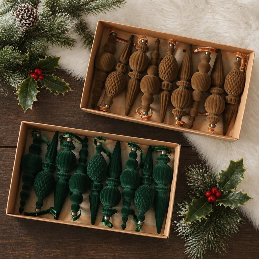9Pcs Solid Color Flocked Finial Christmas Ball Vintage Shatterproof Velvet Christmas Ball Set Classic DIY Conical Shape