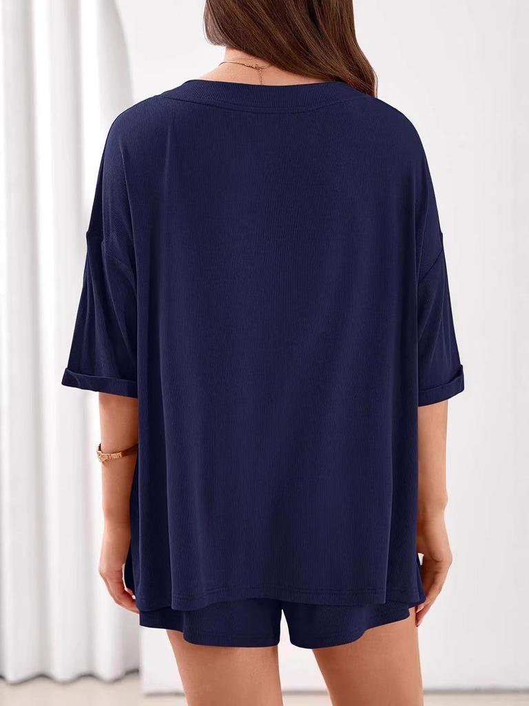 New Women's Casual Two-Piece Set: Loose V-Neck Short-Sleeved Top and Shorts