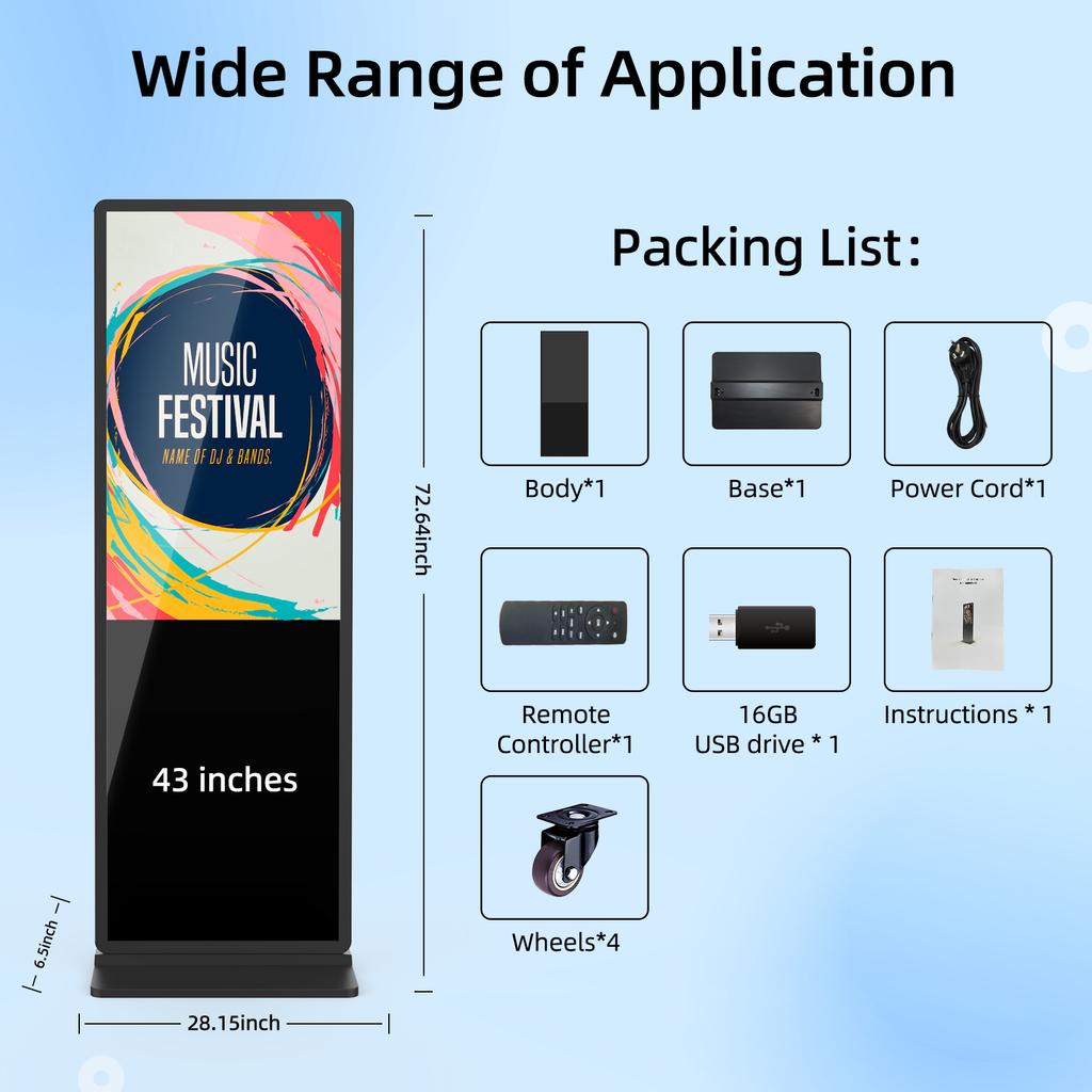 MWE USA Stock 43 Inch Black Non Touch Indoor Lcd Digital Signage Floor Stand Ads Display Screen for Shopping Mall Retail Store