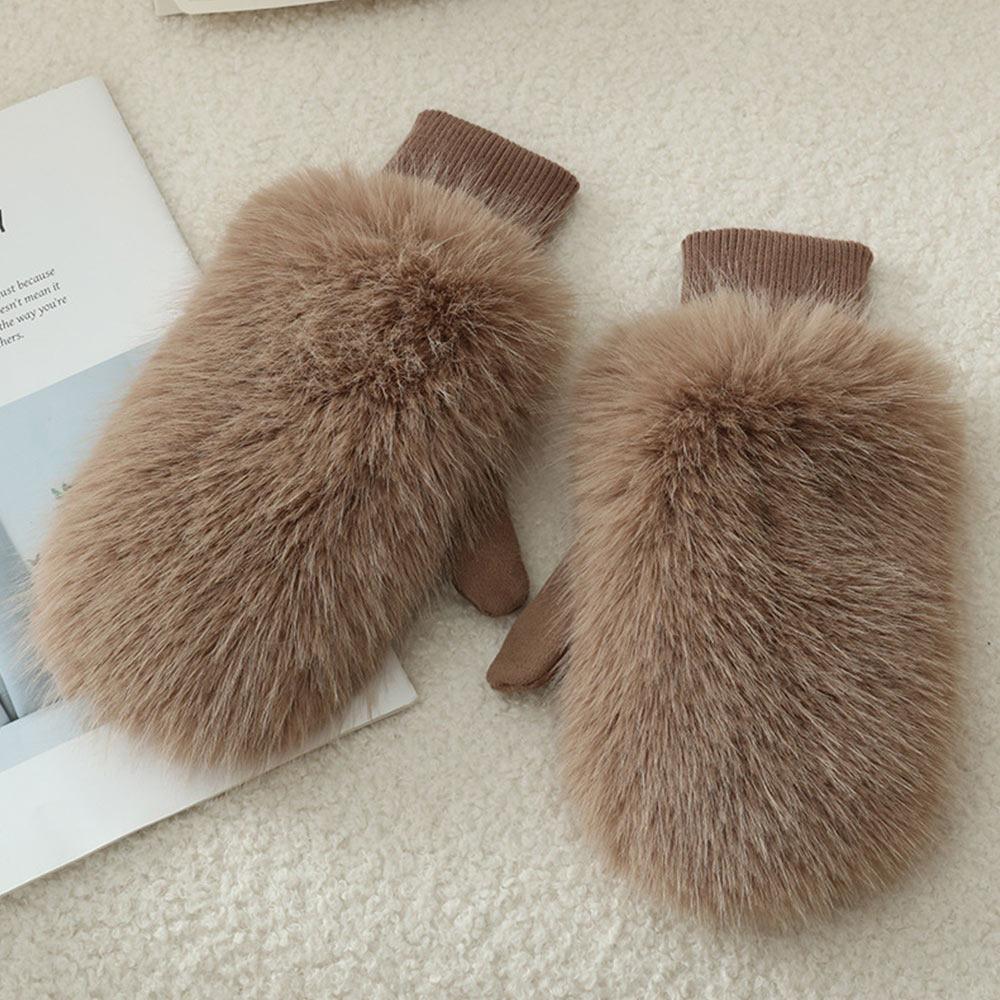 

Women s Fashion Imitation Rabbit Fur Windproof Gloves Thick Warm Soft Gloves Lining Full Fingers Winter Warm Gloves Winter коричневий