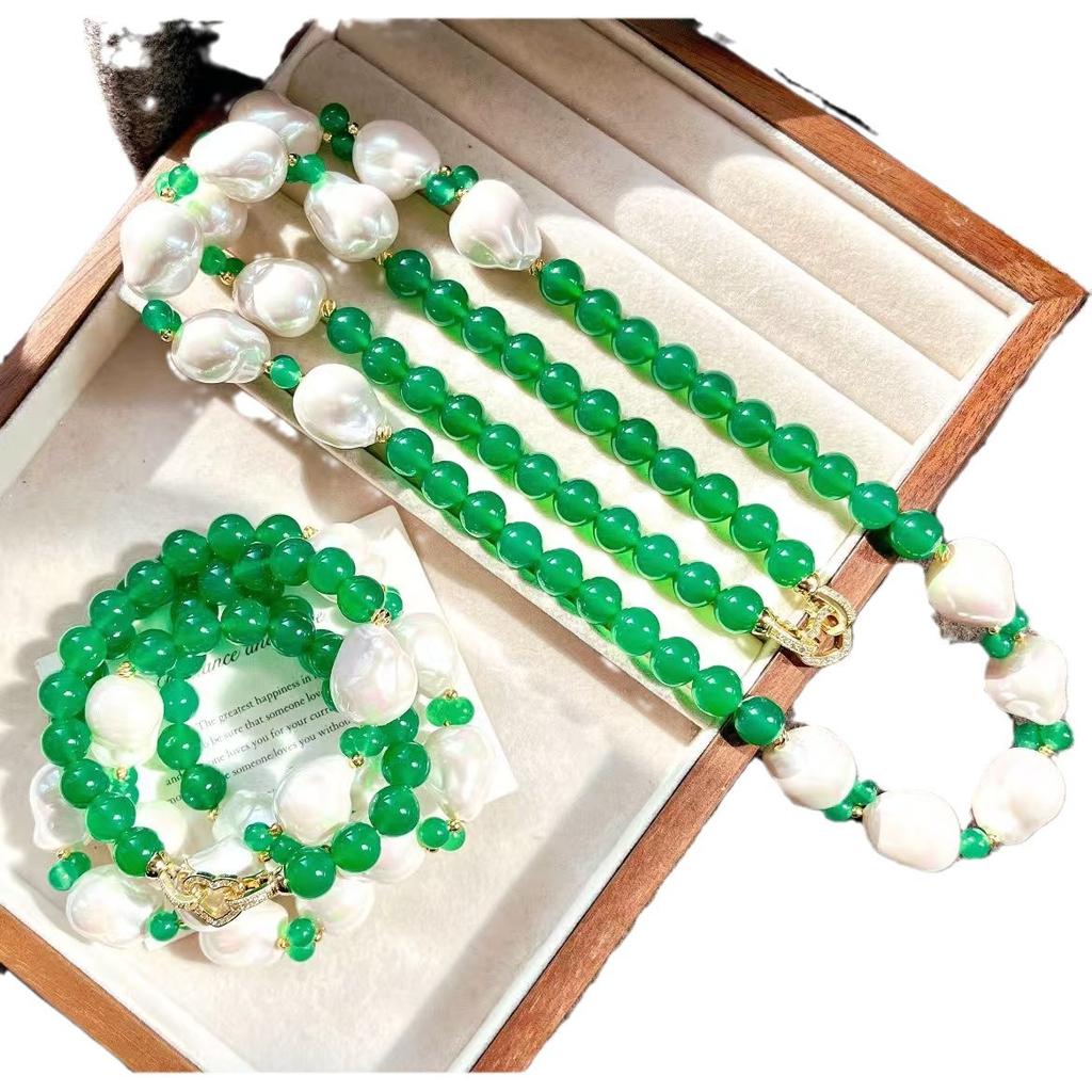 Vintage Autumn And Winter Natural Vitreous Chalcedony Agate Artificial Baroque Pearl Sweater Chain Necklace