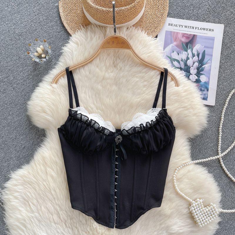 French Sweet Underwear Spaghetti-Strap Slip Women's Stylish Contrast Color Lace Lace Corset Sexy Tops Outerwear Tide