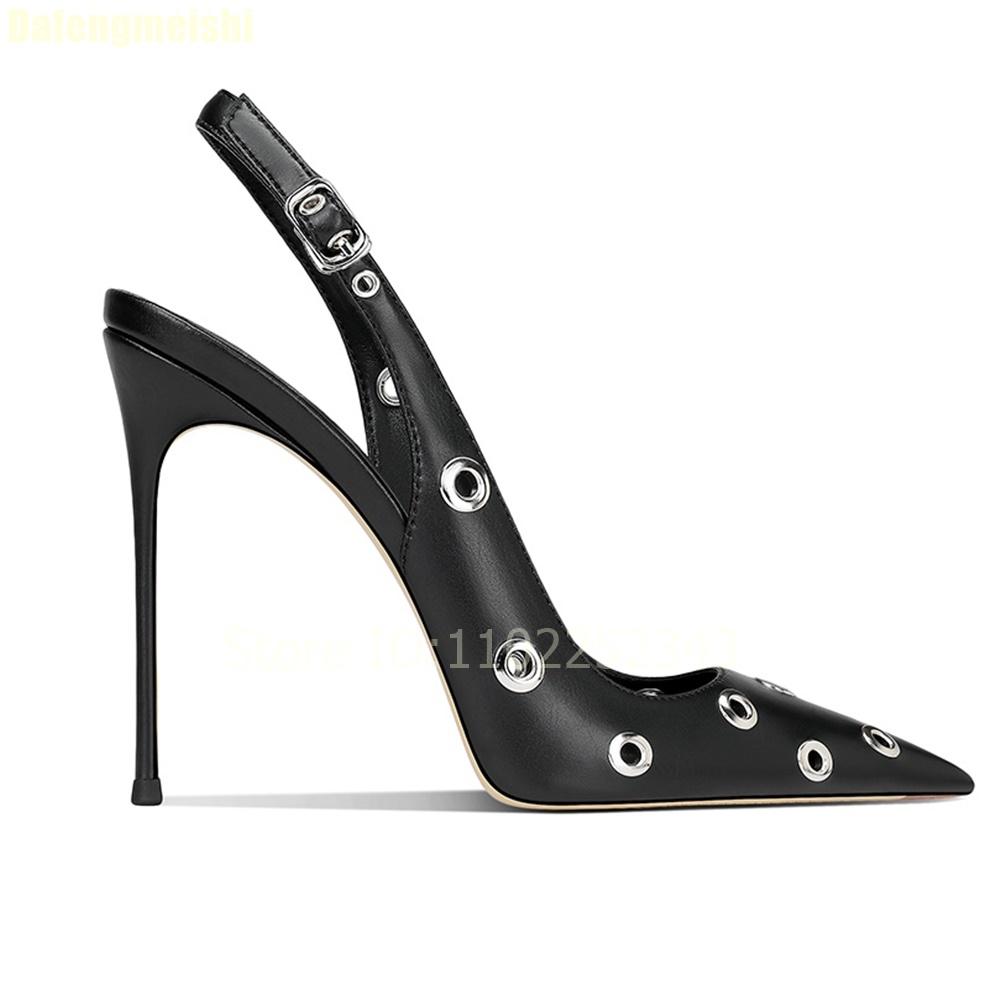 Fashion Metal Buckle Hollow Black Leather Sandals 2025 Spring New Style Women Stiletto Heels Shallow Pointed Toe Summer Fashion Sandals