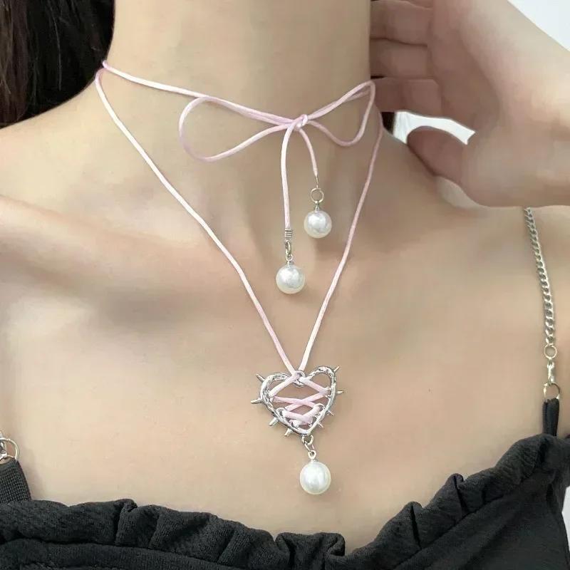 Y2K Pink Rope Tied Peach Heart Pendant Necklace for Women Retro Sweet Harajuku Necklace Charm Aesthetic Jewelry Gift