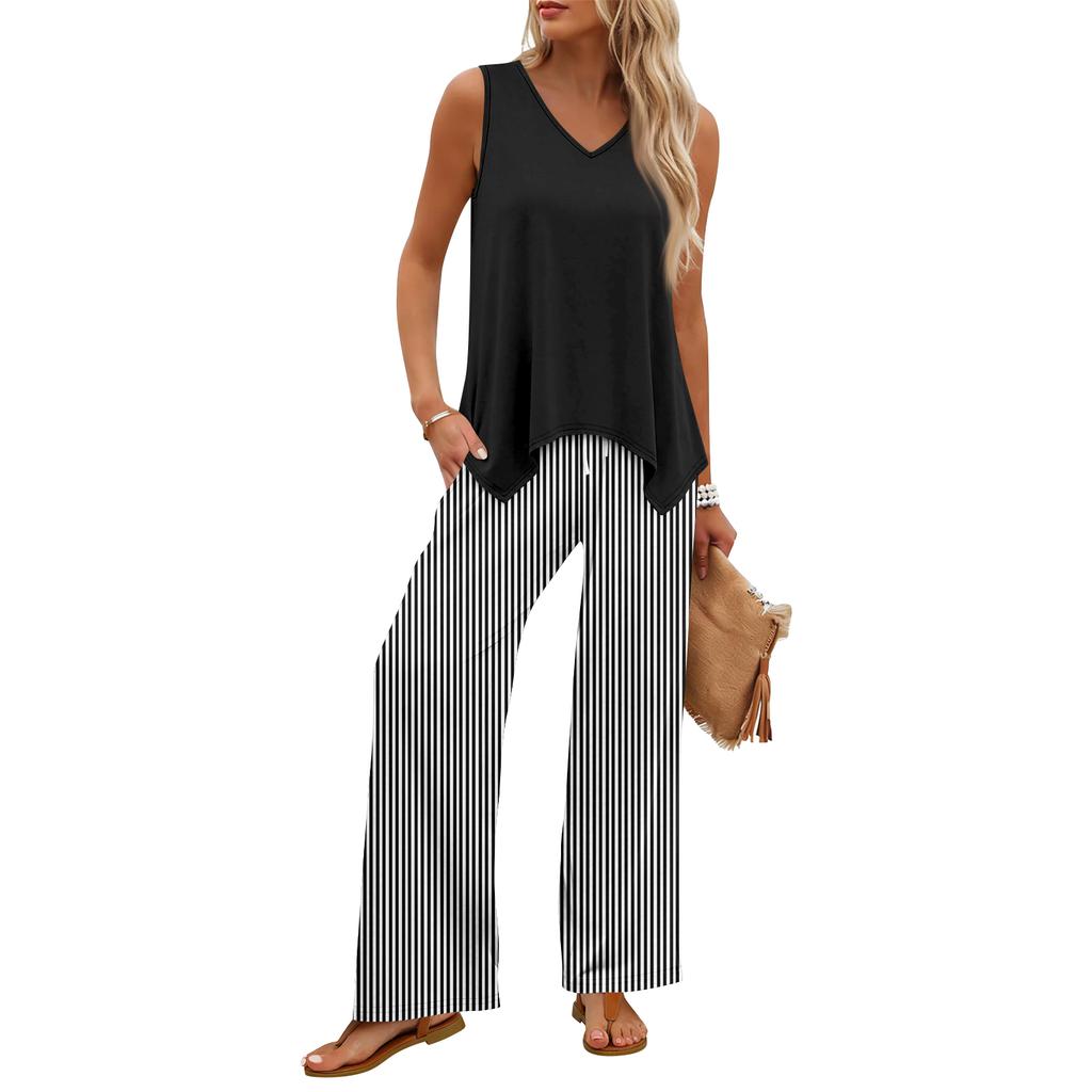 Sleeveless V Neck Tank Top and Striped Wide Leg Pants Two Piece Set for Women Casual Travel Vacation Home Wear