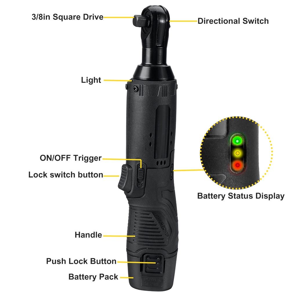 12V 3/8 Inches Cordless Electric Right Angle Wrench Ratchet Wrench With LED Lights 0/1/2 Batteries Power Tools