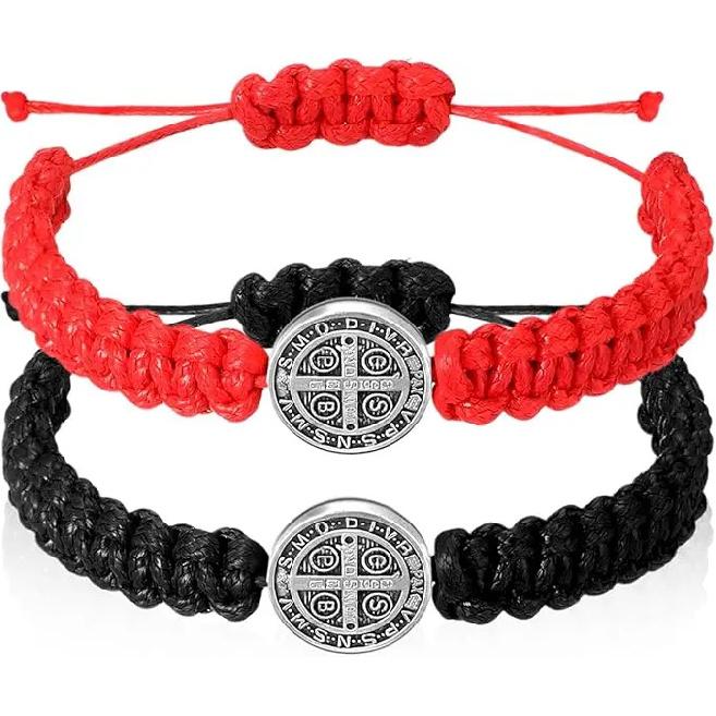 2 Pcs Catholic Saint Benedict Medal Bracelets Adjustable Black and Red String Bracelets Religious Jewelry Gifts for Men Women