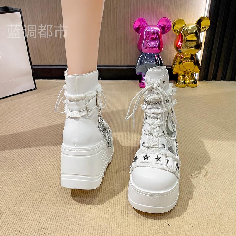 Modă 9.5CM Cizme de motociclete cu platformă înaltă pentru femei Tocuri de primăvară Cizme gleznă cu puck Adidași groși pentru femei Pantofi noi de toamnă-iarnă Femeie