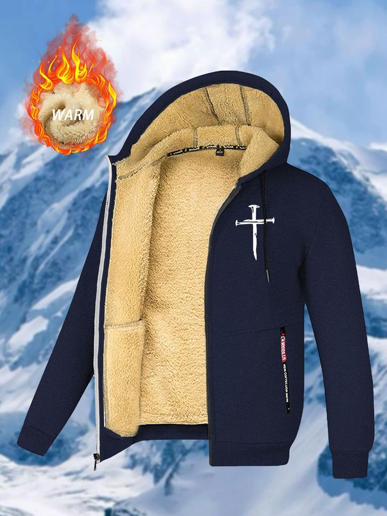 Men's Warm Fleece-Lined Hooded Jacket With Large Cross Inspirational Print-Casual Winter Outdoor Zip-Up Cardigan Winter Jacket