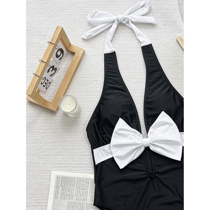 Einteiliger Badeanzug Damen Push Up Schleife Strand Badeanzüge Schwimmanzüge Strandbekleidung V-Ausschnitt Bademode Badeanzug Weiblich