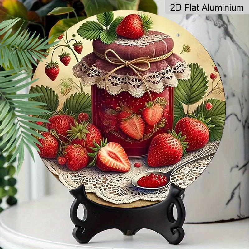 2D Flat Aluminum 7.87 Inch X 7.87 Inch Strawberry and Jam Style Wall Hanging. Suitable for Living Rooms, Kitchens, Bars, Cafes, Clubs, Porches