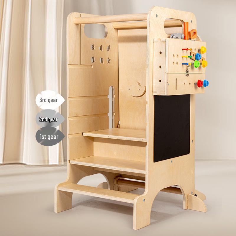 Adjustable Wooden Kitchen Step Stool for Children - Learning, Interactive, and Height-Increasing.