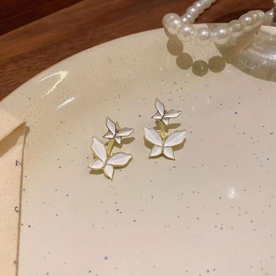 1 Pair Women White Butterfly Stud Earrings Hypoallergenic Lightweight Dual Butterflies Girls Metal Earrings Fashion Jewelry Accessories