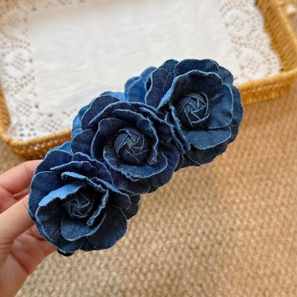 Denim Blue Flower Banana Clips Camellia Floral Twisted Hair Clip Sweet Women Vertical Clip  Spring