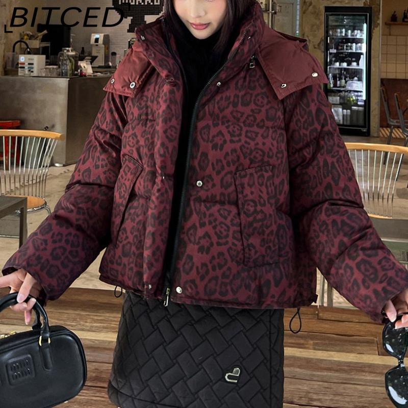 BITCED Short-Length Leopard Print Cotton Jacket for Women with Hood Minimalist Fashion Design, Oversized Fit, Unique Style Cotton Coat
