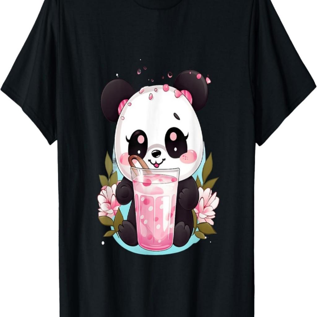Kawaii Anime Panda Drinks Boba Tea Bubble Cherry Blossom T-Shirt(3)
