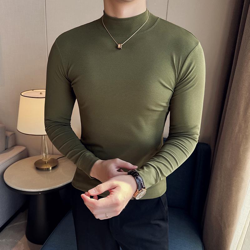 Men's Autumn Solid Color Slim Fit Semi-High Neck Long Sleeve T-Shirt