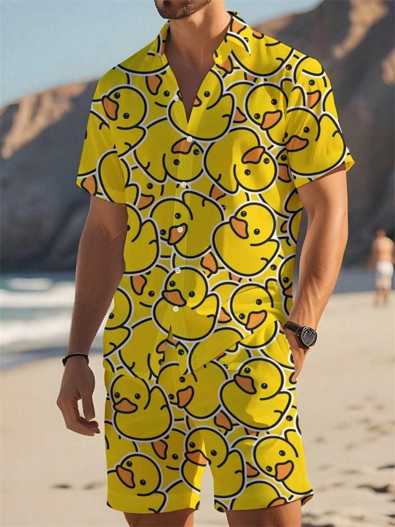 Men's Shirt Set Summer Striped Printed Short Sleeve Shirt Drawstring Shorts Casual Hawaiian Style Men's 2 Piece Home Large Size