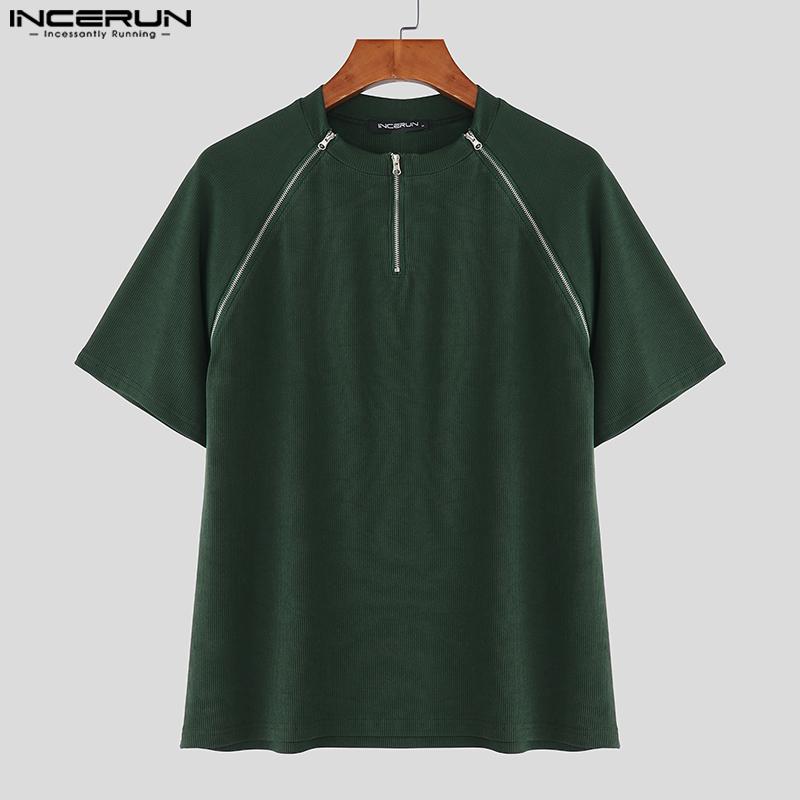 INCERUN Men Round Neck Short Sleeve Zipper Casual Fitted T-shirts