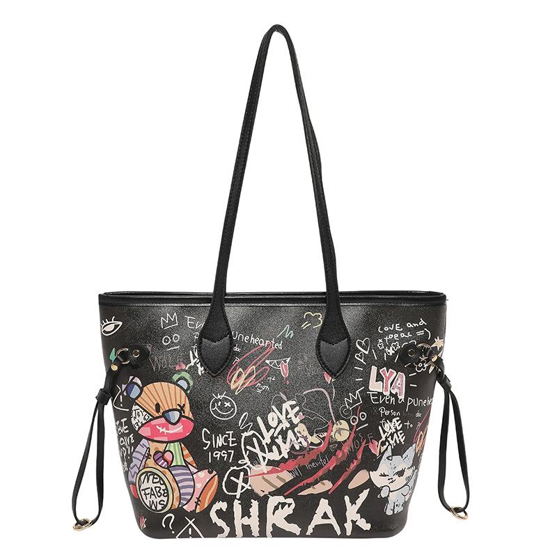 

Women’s New Cute Graffiti Large-Capacity Handbag Trendy Zipper Tote Bag чорний