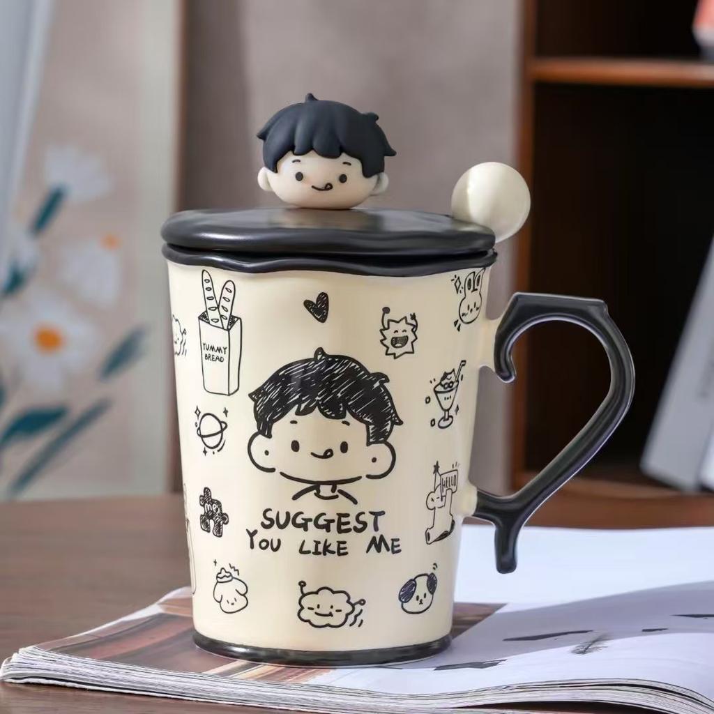 Cană Ceramică Creativă Personalizată pentru Cuplu cu Capac și Linguriță, Aspect Înalt, Capacitate Mare, Cană Cadou Mic pentru Fete, Pahar pentru Apă pentru Uz Casnic