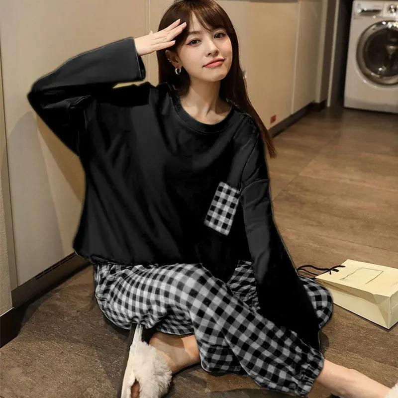 Sleepwear Loungewear Women Long-Sleeved Tide Korean Version of The Plaid Student Nightwear Homewear Two-Piece Girl Pajamas Set