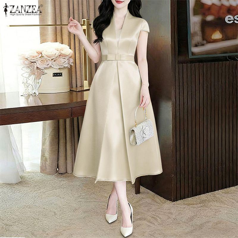 ZANZEA Damen Freizeit V-Ausschnitt Kurzarm Elegantes Sommerkleid