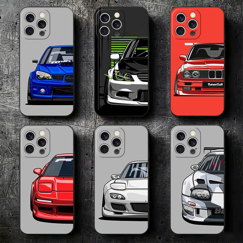 Simple Japanese Sports Cars Pattern Soft Phone Case for iPhone 16 16E 17 Air 15 Pro Max 14 Plus 13 Mini 11 12 7 Black Cover Back