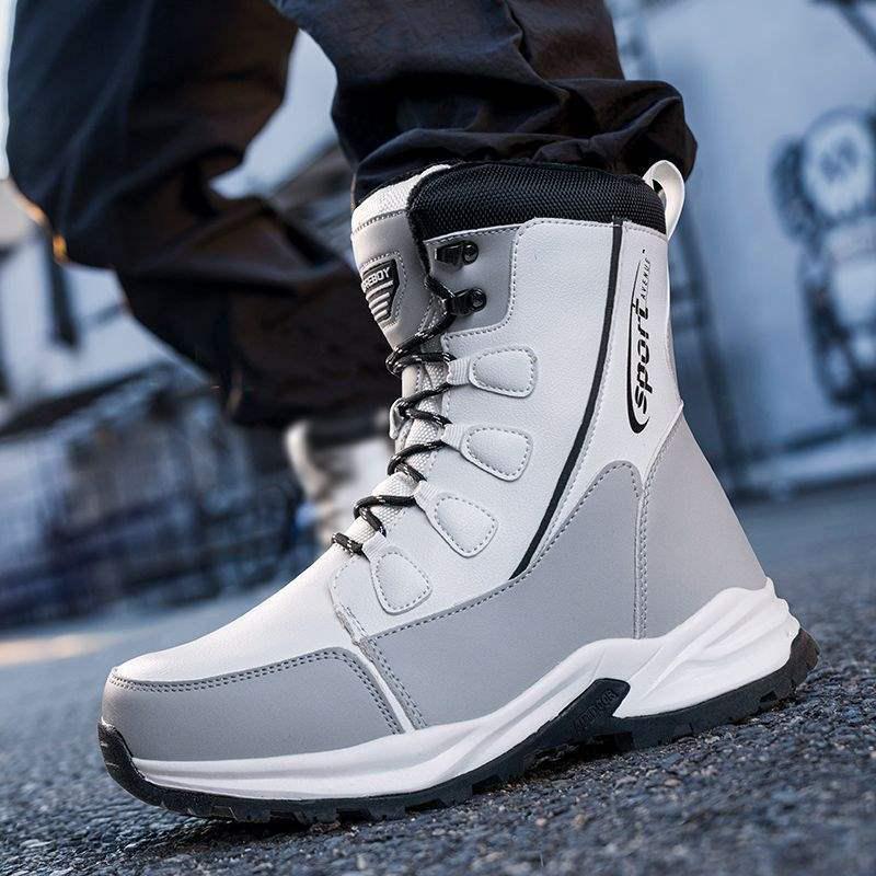 Trendy Men's Thickened Non-slip Waterproof Knee-high Winter Cotton Boots with Velvet & Leather Surface.