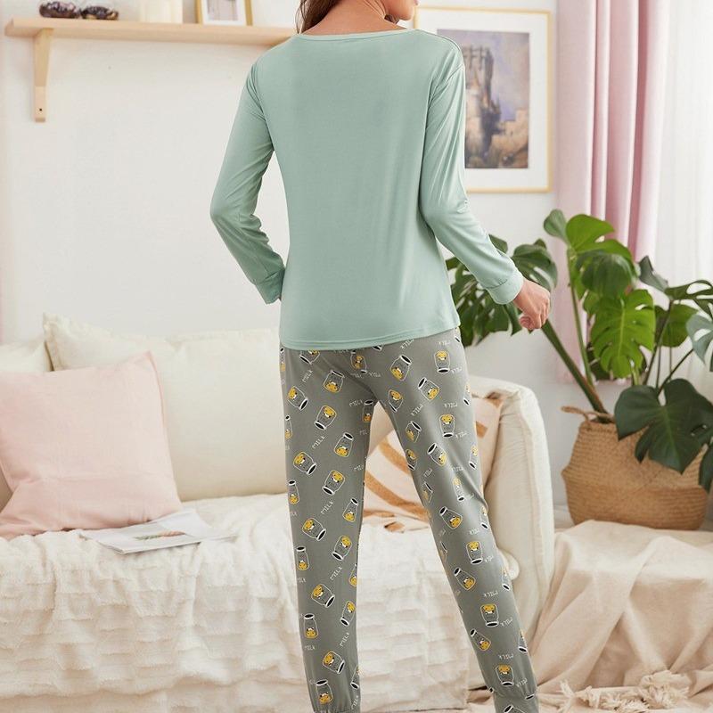 Fresh Homewear Pajamas Women's Round Neck Long-sleeved Trousers Milk Silk Autumn Round Neck Pullover Suit