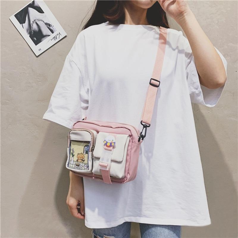 Japanse Style Kawaii Shoulder Canvas Bag Girls Student Small Mutipockets Transparent Crossbody Bags Women New