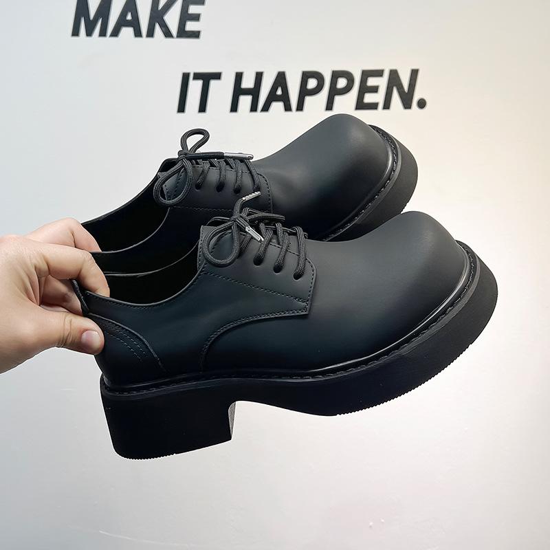 New Men's Black Casual Leather Shoes Big Head Mickey Derby Niche Low-top Thick-soled Heightening Men's Shoes 3208-A