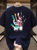 Men's Summer 100 Cotton Fashionable Casual Sports Loose Large Size Color Handprint Round Neck Short Sleeve T-shirt Top