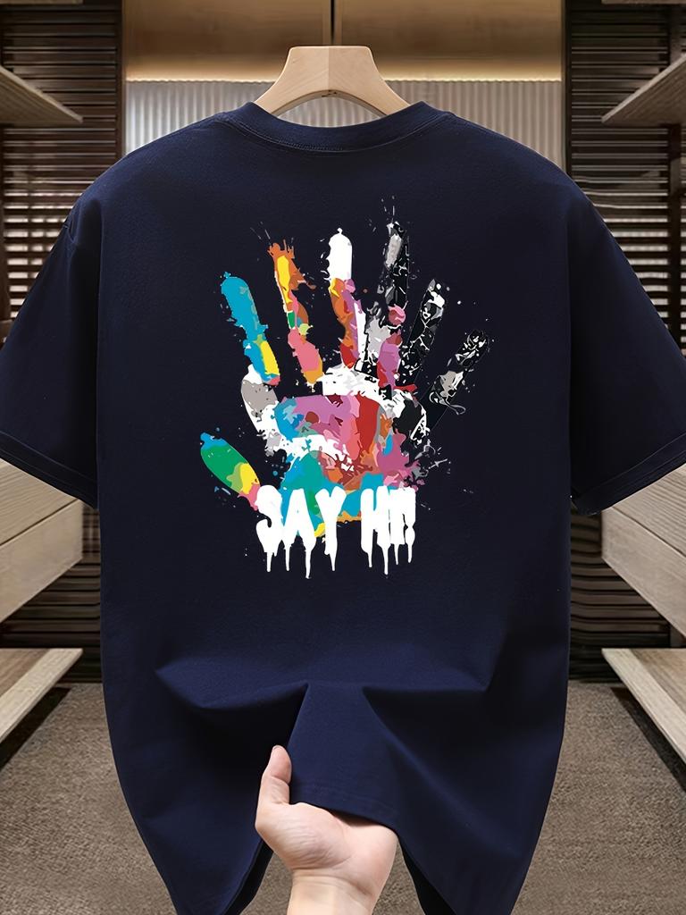 Men's Summer 100 Cotton Fashionable Casual Sports Loose Large Size Color Handprint Round Neck Short Sleeve T-shirt Top