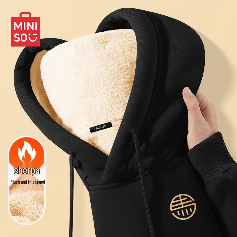 MINISO Men's Festive Fleece-Lined Lamb Wool Hooded Sweatshirt