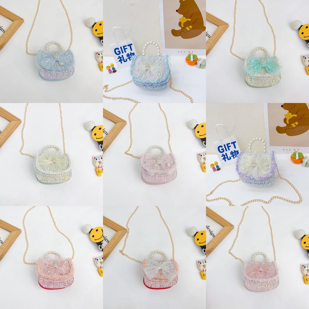 Childrens Canvas Bag With Artificial Pearl Handle And Butterfly Cartoon Pattern For Daily Use